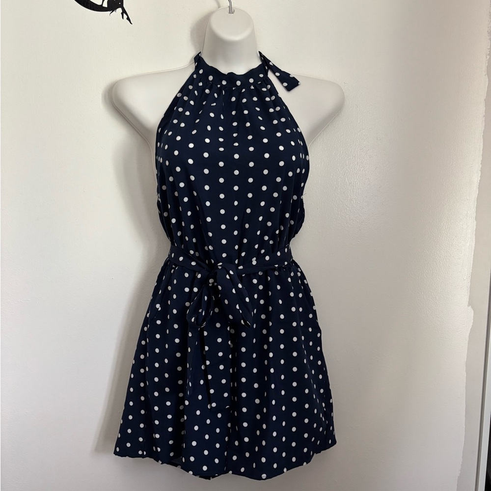 Elegant Navy Polka Dot Halter Dress